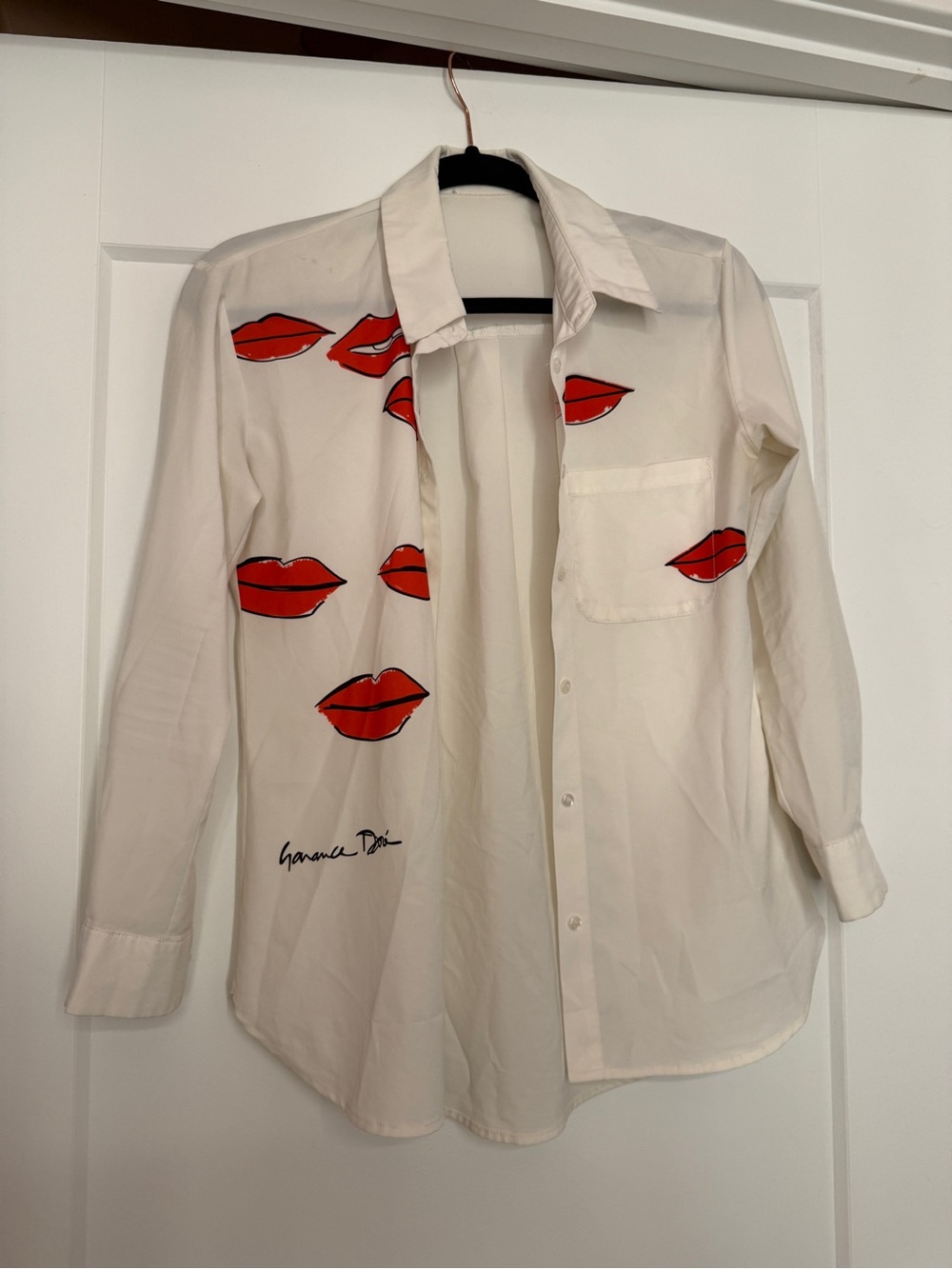 White Button-Up Shirt with Red Lip Print